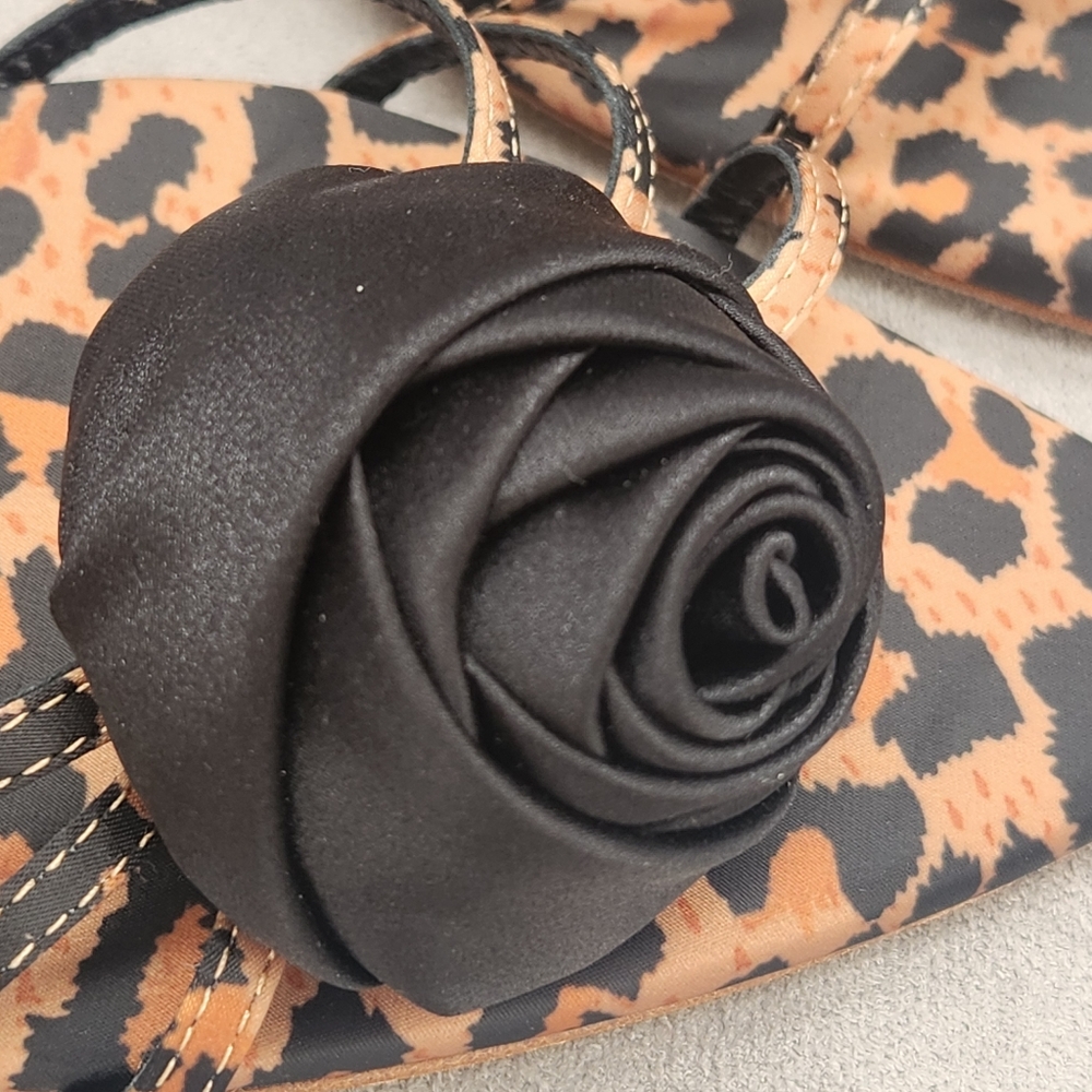 Deltan Dressy Sandals 10 Brown Satin Amayah Leopard Print Black Rosette New $110 - Picture 6 of 15
